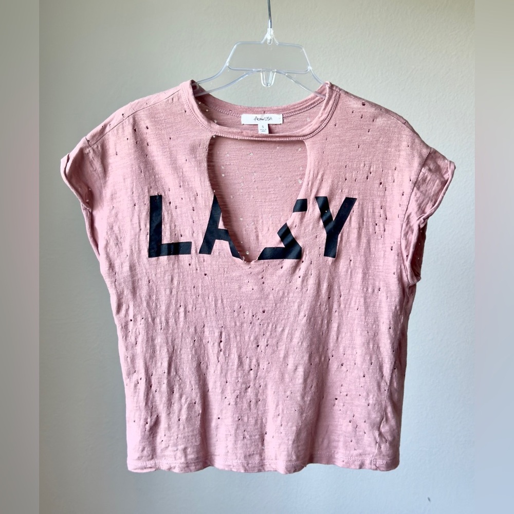 Active USA 100%cotton Pink Distressed Graphic Tee, size S